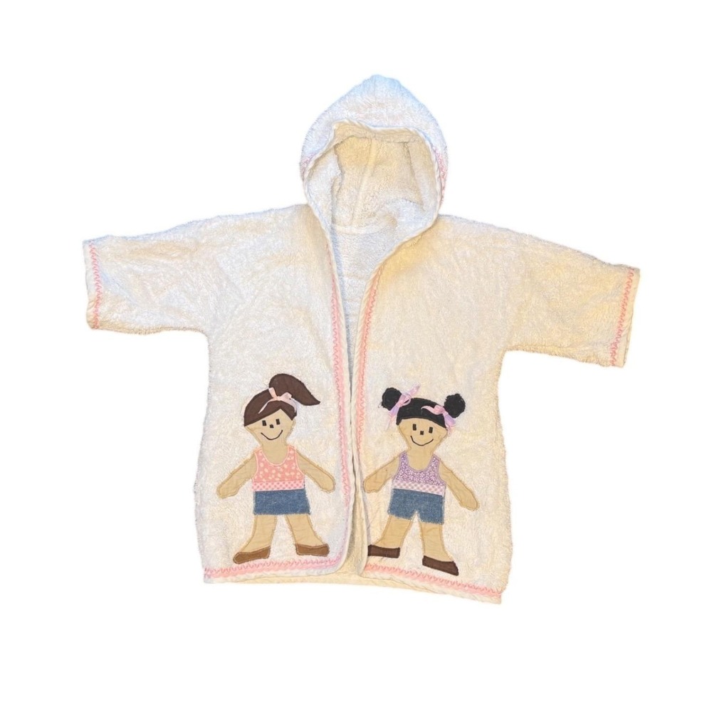 Girls Hooded Terry Cloth Bath Robe Handmade Applique Pink Size  3T 4T